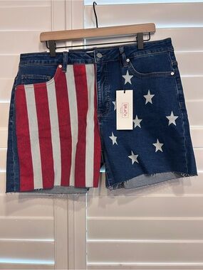 MoCo Boutique Patriotic Tummy Control Denim Shorts Red White Blue Size 2XL